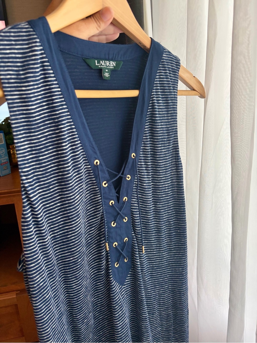 Ralph Lauren Navy Linen Striped Lace-Up Maxi Dress - Picture 7 of 8